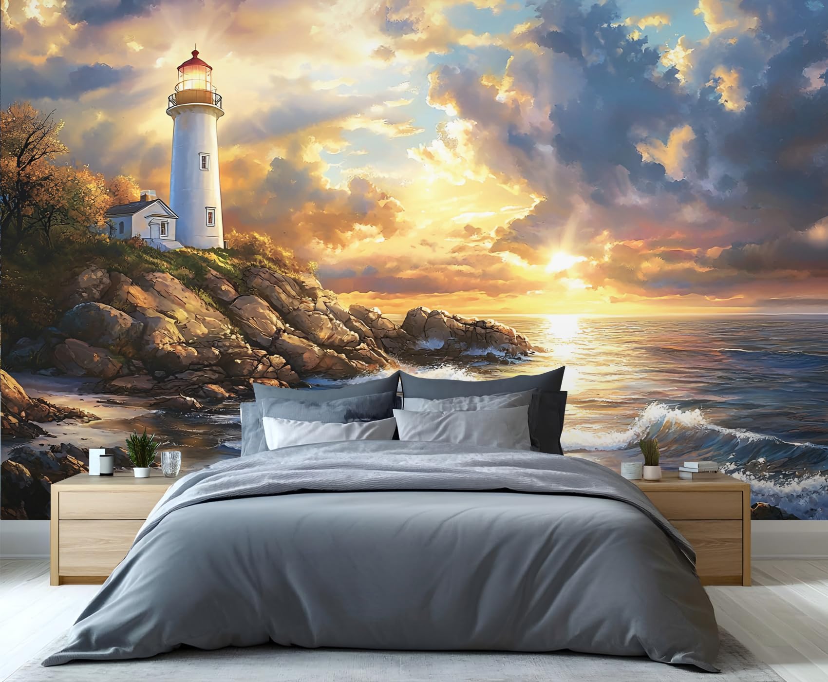 YXQAIED White Lighthouse Wallpaper, Ocean Bedroom Wall Paper, Not Self Adhesive Coastline Wallpaper for Living Room, White Clouds Apartment Wall Murals & Room Decor, 400x280cm