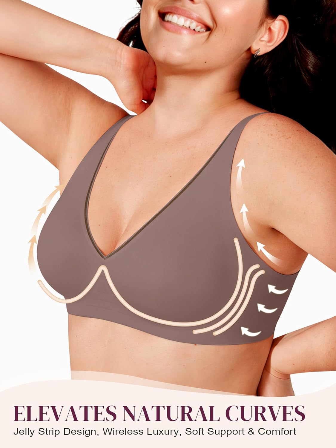 Wireless No Underwire Seamless Jelly Full Coverage Plunge V Mesh Bras for Women Supportive Tshirt Bralettes (Grey,L) - Image 2