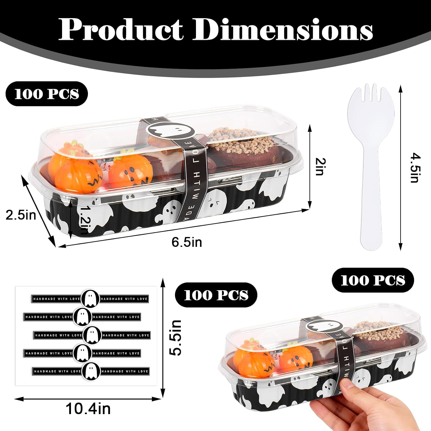 FYSUIMU 100 Pcs Halloween Mini Loaf Pans with Lids and Forks Black Ghost Mini Cake Pans 6.8 Oz Rectangular Aluminum Foil Baking Container Muffin Cupcake Cups for Trick or Treat Party Picnic Supplies