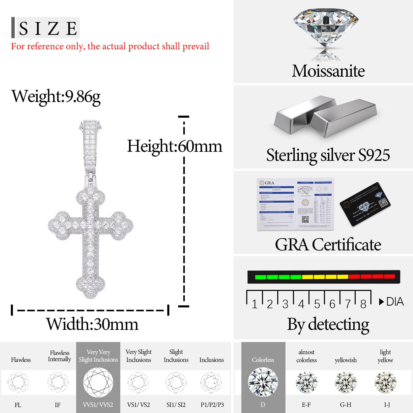 Kreuzkette für Männer 925 Sterling Silber Moissanit/Kubikzirkonia -Anhänger aus 18 Karat Weiß gelb Gold plattiert Hip Hop Cross Chain Geburtstag