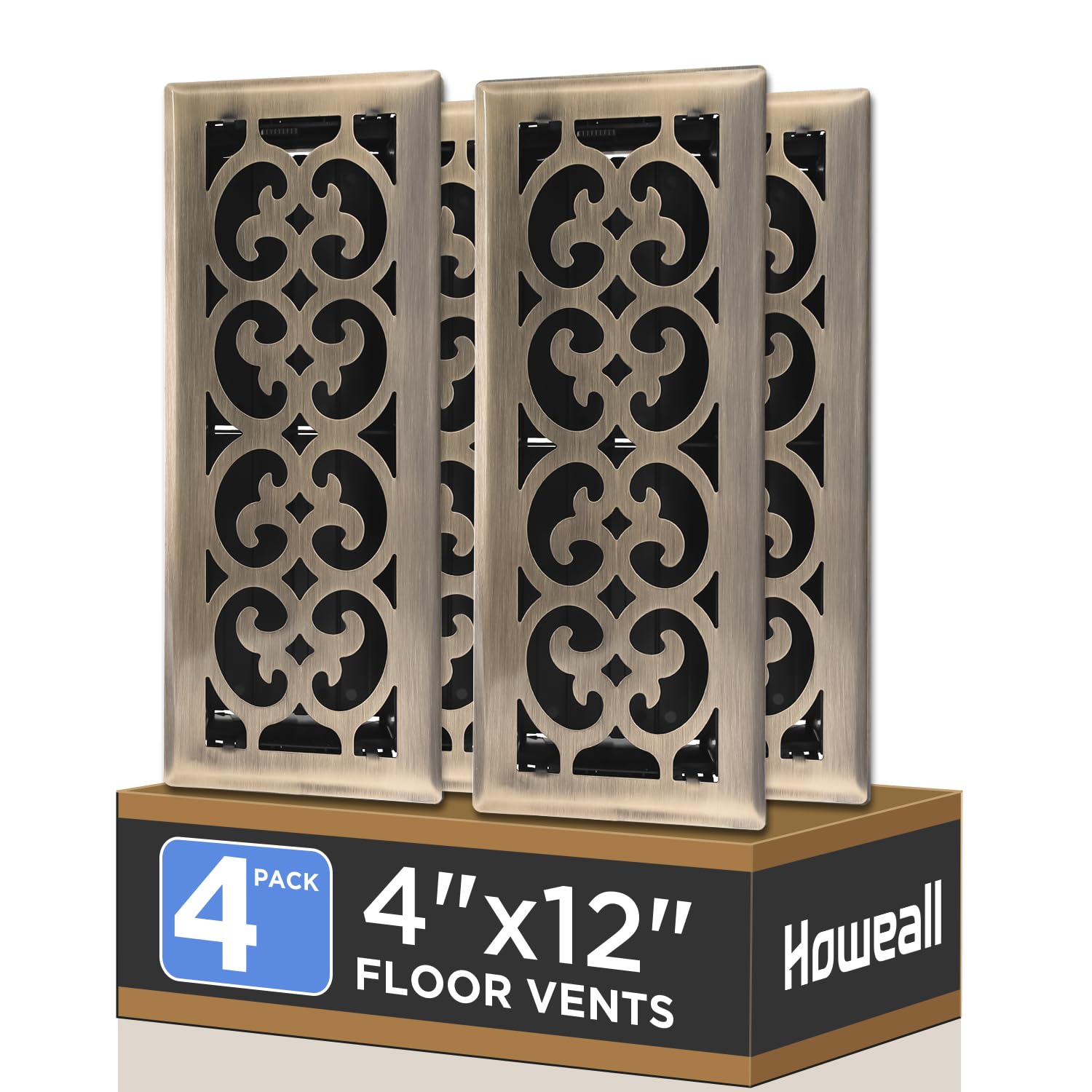 Howeall 4x12 Inches 4 Pack Heavy Duty Walkable Floor Register - Easy Adjust Air Supply Lever Decorative Floor Vent Covers, Charlotte Design Vent Covers for Home - Antique Brass