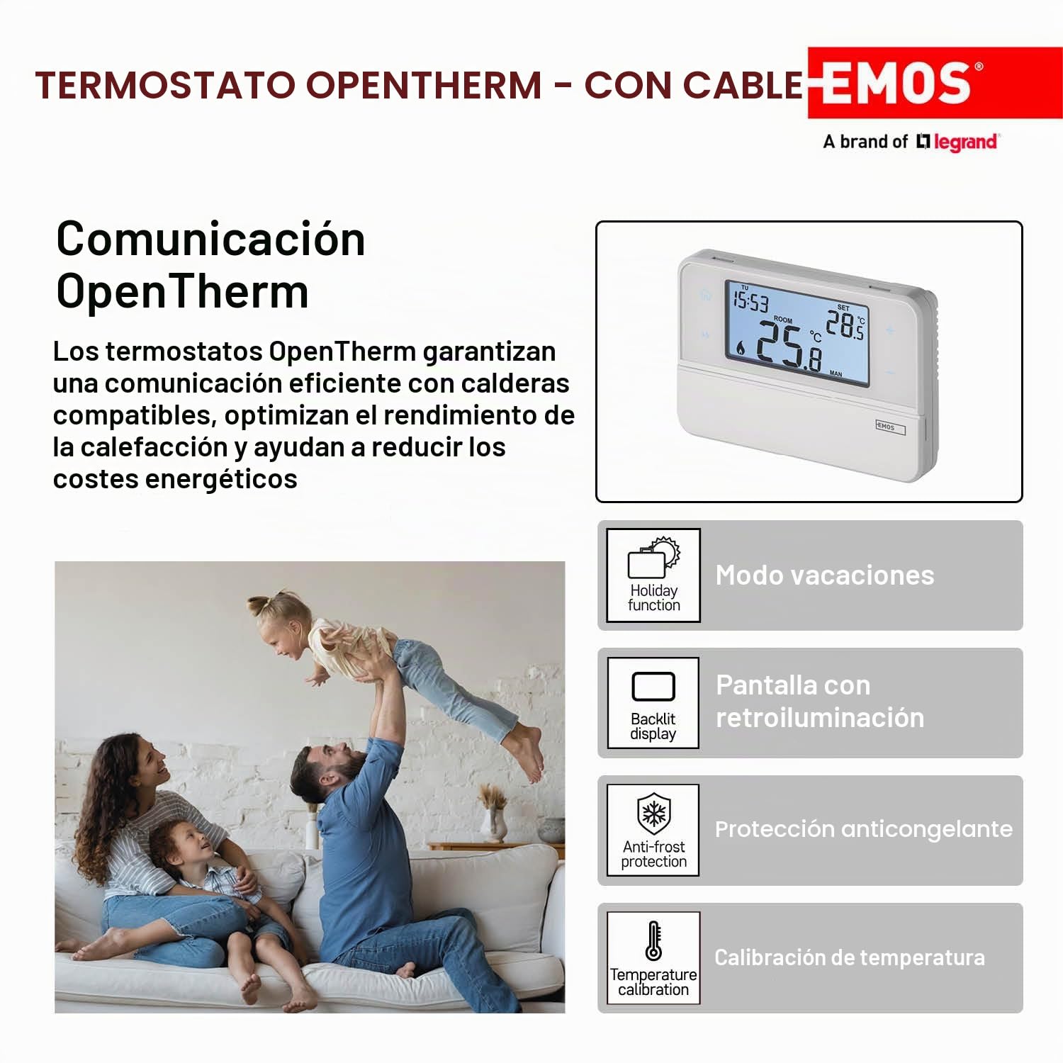 Emos Termostato de ambiente digital compatible con OpenTherm, programable, cableado, de montaje en superficie, blanco, 12,6 x 8,4 x 2,6 cm