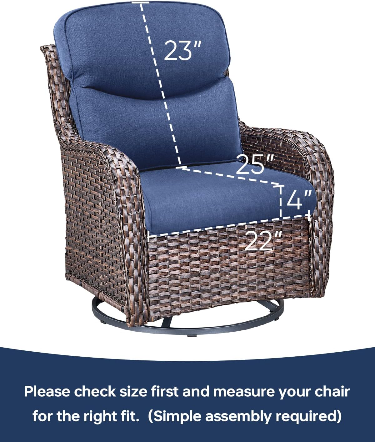 Pop 22x25/22x24 Outdoor Replacement Cushions - 1 Set High Back Deep Seat Patio Furniture Cushion for Wicker Dining Swivel Rocking Chairs Loveseat Couch Sectional Sofa - Navy Blue/Smile