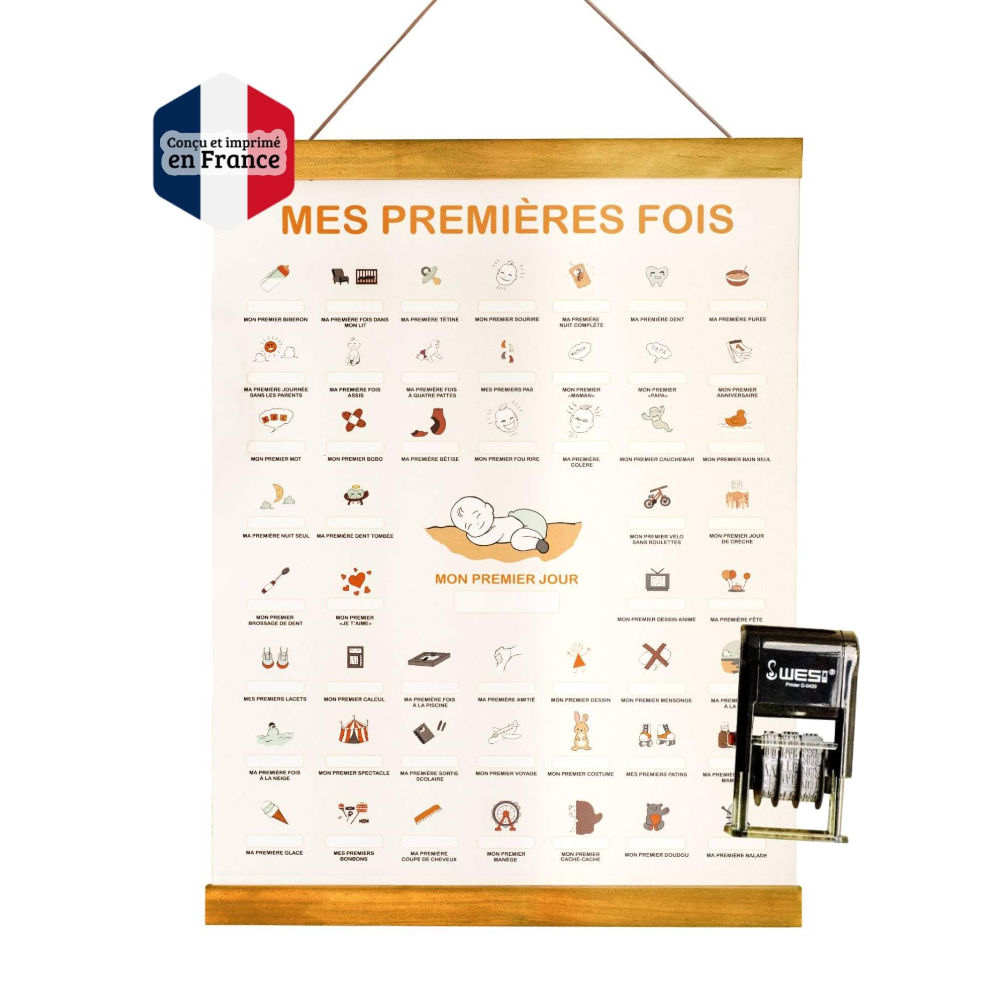 TASLIM Cadeau Naissance Original-Mes Premières Fois Bébé à Tamponner (coffret complet) – Affiche Souvenir Bébé A3 – 50 Premières Fois à Dater – Idée Cadeau Jeunes Parents.