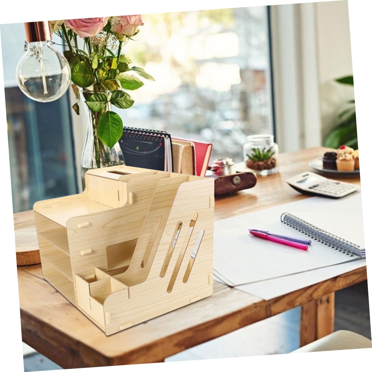 Organizador Escritorio Madera con Compartimentos Múltiples para Almacenamiento Archivos Papelería y Objetos Varios Diseño Deslizante para Oficina y Hogar