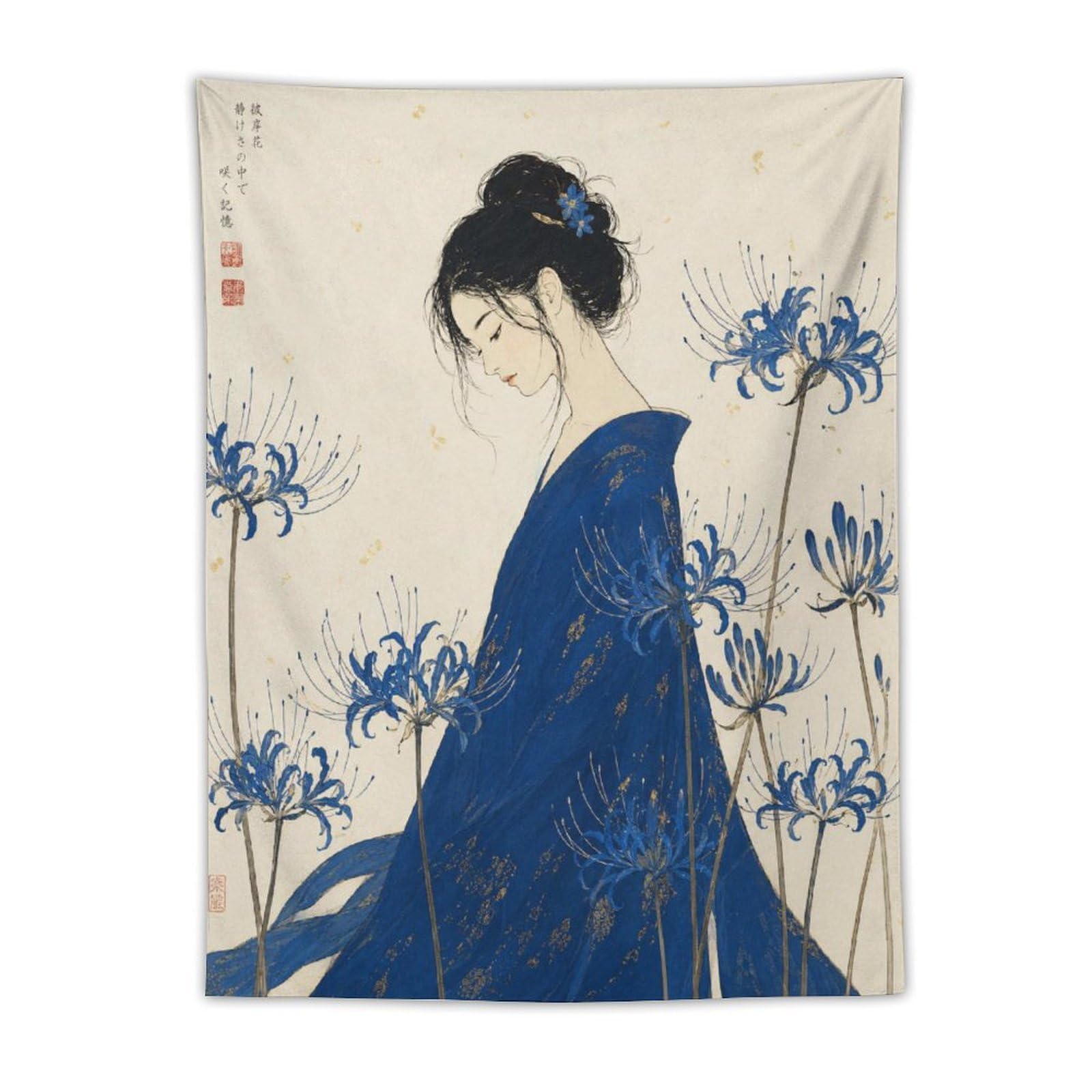 W7C8U2X3 Blue Kimono Woman Wall Tapestry, Ukiyo-e Style, Japanese Art