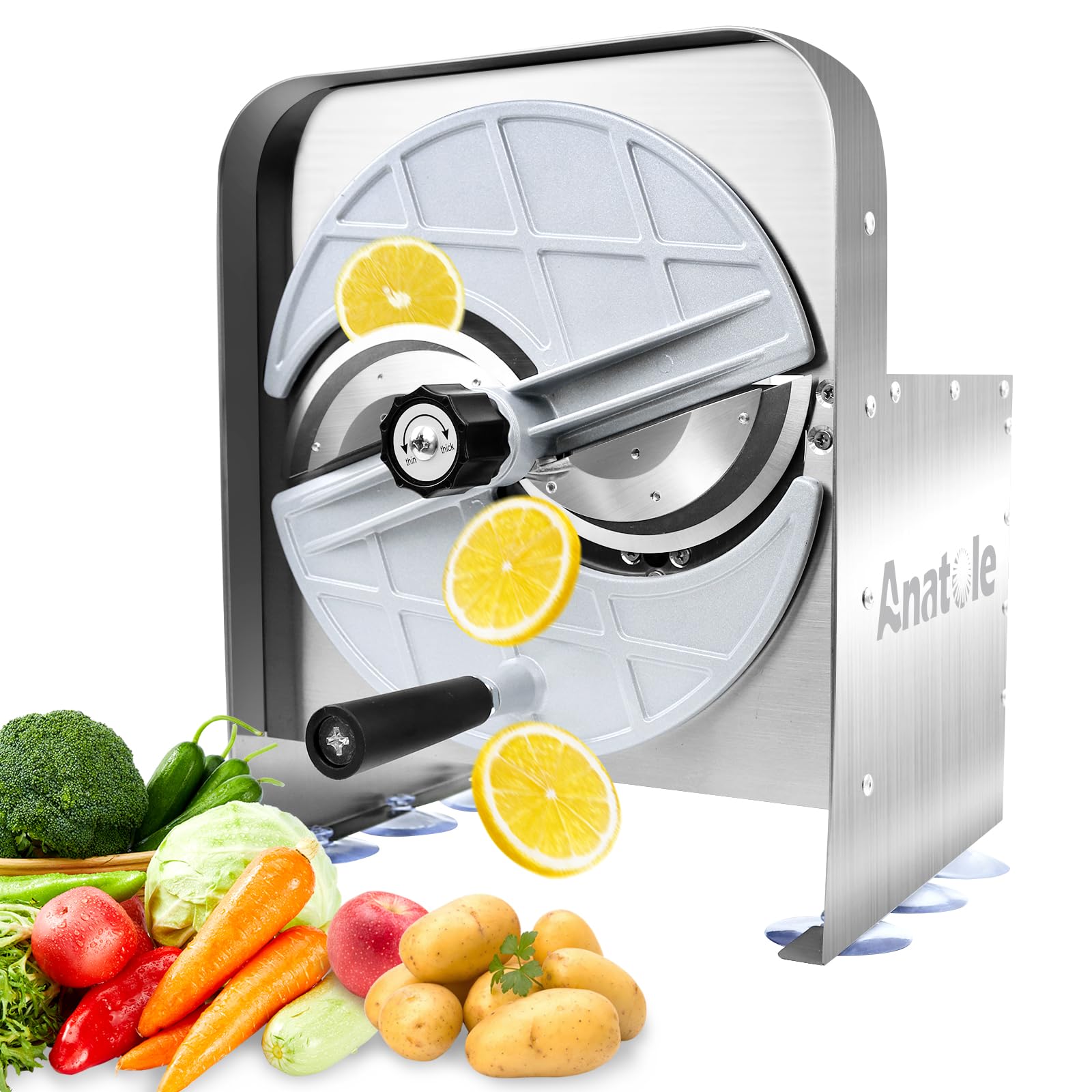 Anatole Gemüseschneider Manuell Gemüsehobel Edelstahl Obstschneider 0-10mm | Einstellbare Dicke, Profi, für Zwiebeln Tomaten Kartoffeln Karotten Zitronen Orangen Chips, für Gastronomie Restaurant Hause