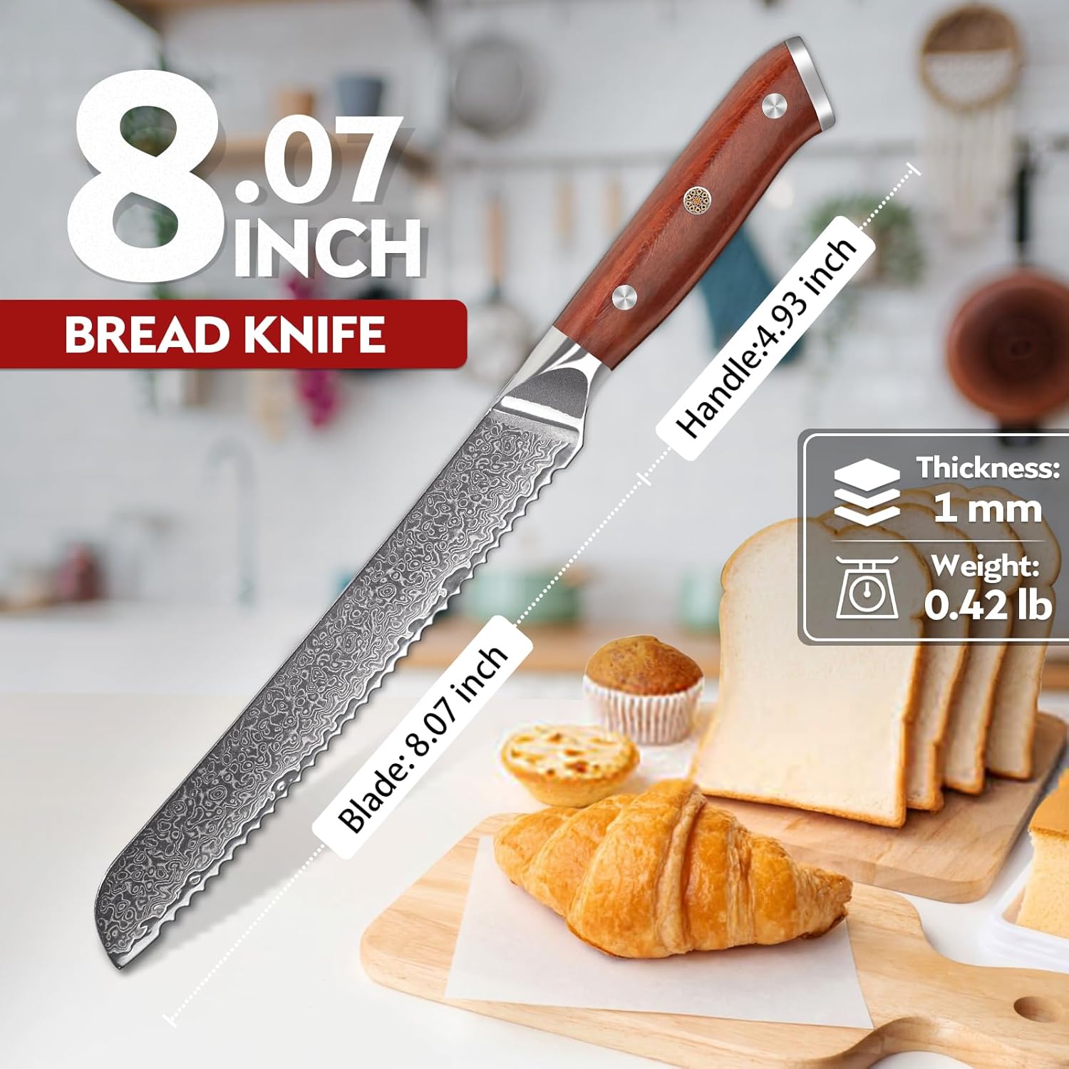Purple Dragon 9 pcs Chef Knife Set, Butcher Knife Set with Damascus Bread Knife 8 Inch