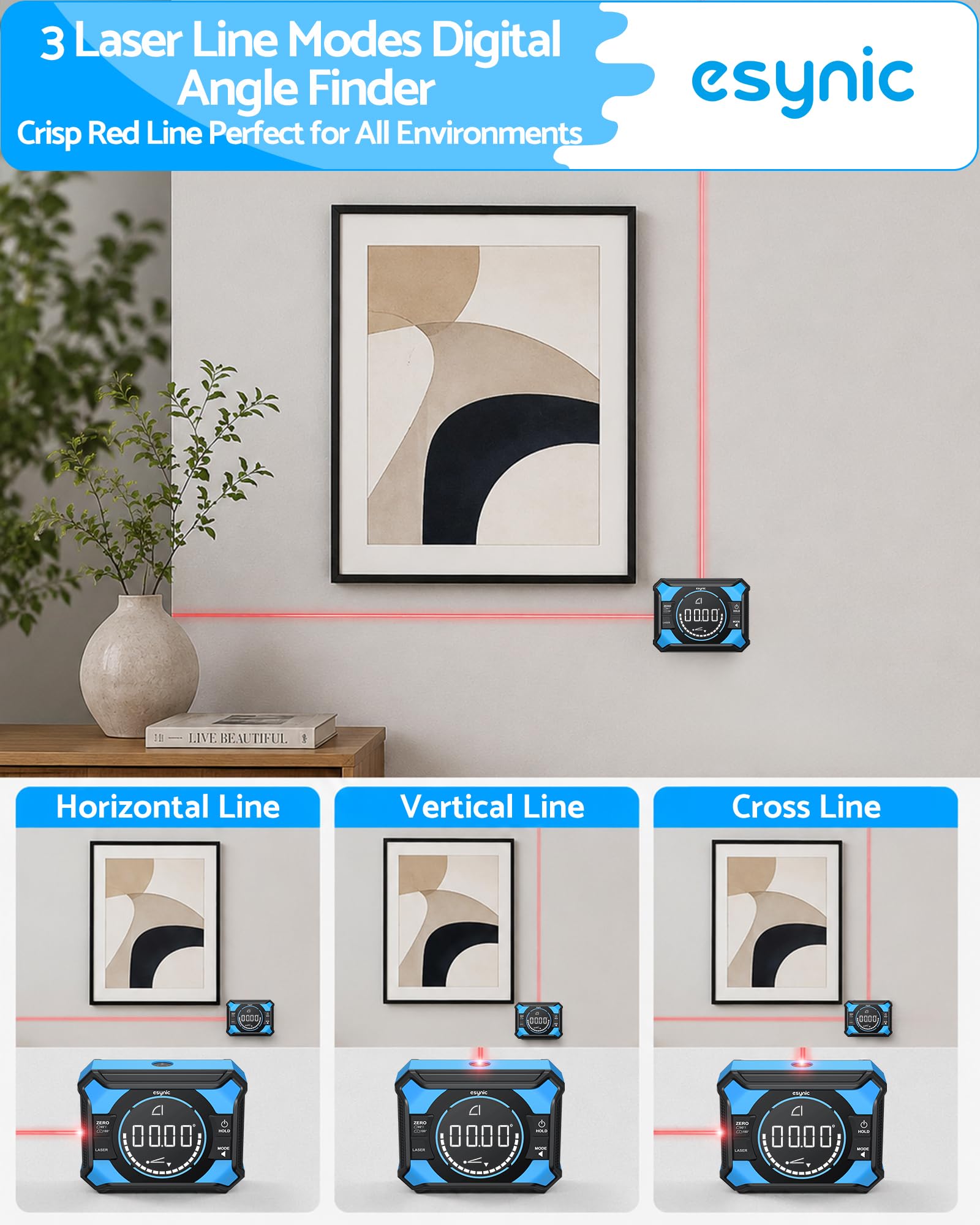 eSynic Inclinómetro Digital 3 en 1 con Láser, Transportador de Ángulos Magnético Recargable por USB-C, Precisión ±0.1°, Pantalla LED, 4×90°/2×180°, para Cuadros, Azulejos y Carpintería