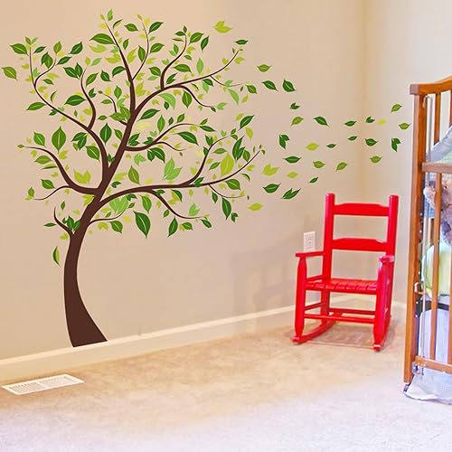 Miniatura 5 de Calcomanías de pared de árbol verde, hojas voladoras, hojas verdes, decoración de pared para dormitorio, guardería, sala de estar, decoración de