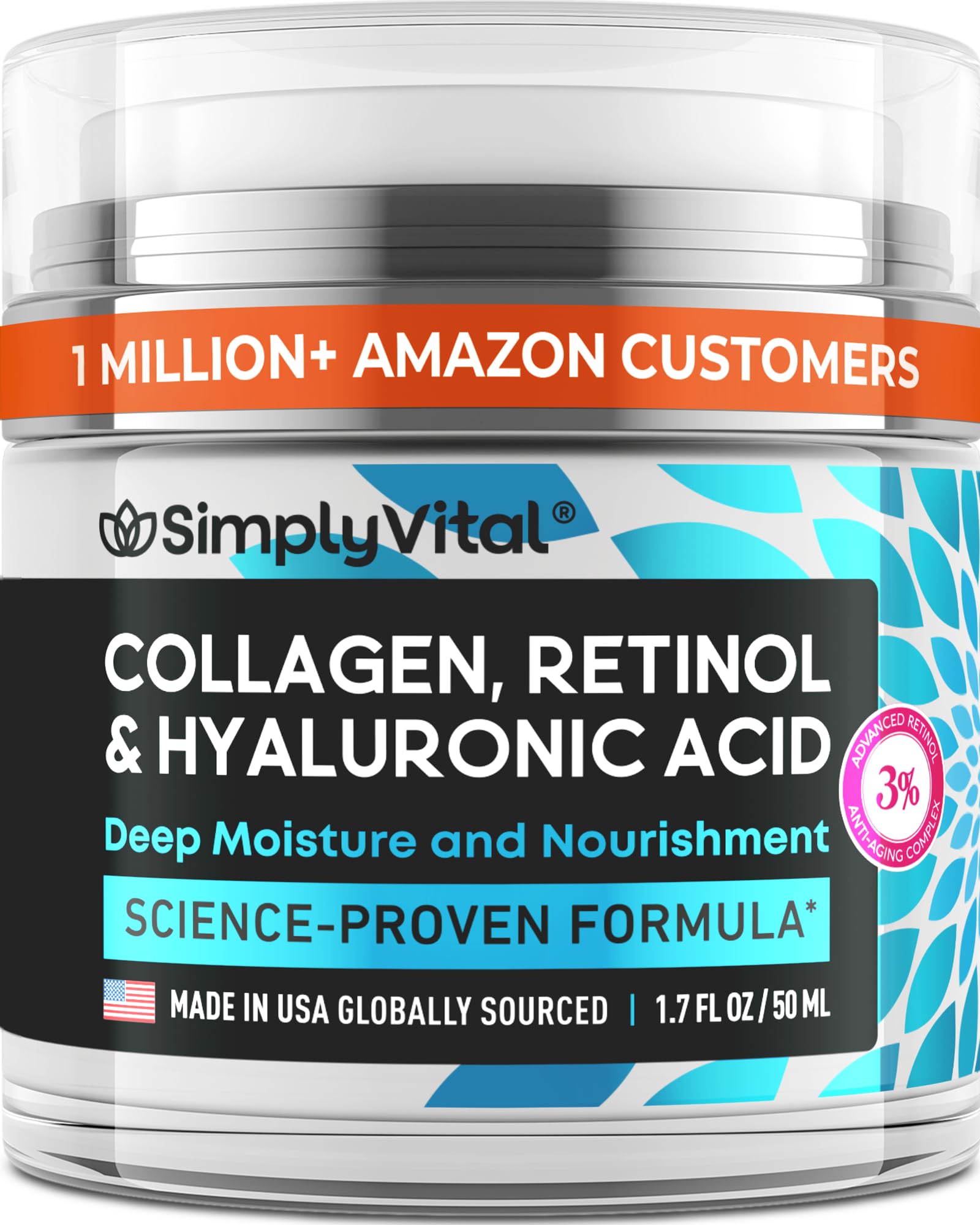 SimplyVital Collagen, Retinol & Hyaluronic Acid Cream - Anti-Aging Face Moisturizer for Face, Firming Skin Care Neck & Décolleté - Made in USA, Daily Moisturizer Face Cream Day & Night - 1.7 fl.oz.ClimatePartner certified