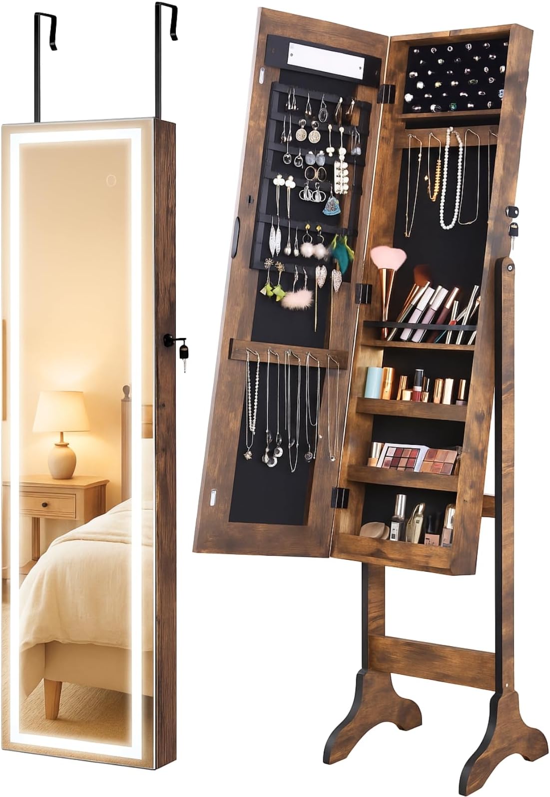 LUXFURNI 60" LED Full Length Mirror with Jewelry Storage, Floor Standing/Wall Mounted or Door-Hanging Jewelry Organizer Mirror, Mirror Jewelry Cabinet Standing Jewelry Armoire, Rustic Brown