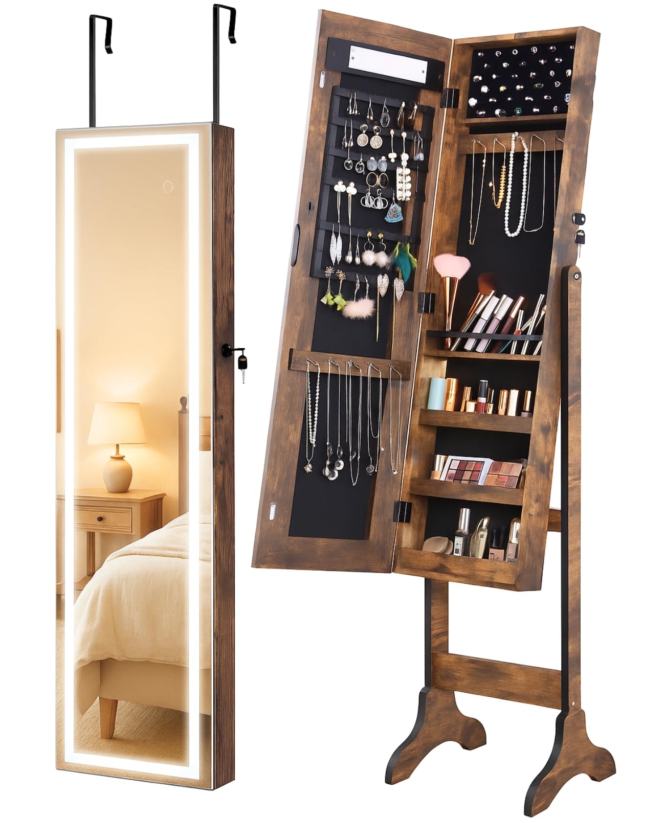 LUXFURNI 60" LED Full Length Mirror with Jewelry Storage, Floor Standing/Wall Mounted or Door-Hanging Jewelry Organizer Mirror, Mirror Jewelry Cabinet Standing Jewelry Armoire, Rustic Brown