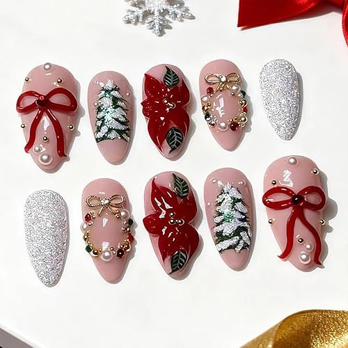 30Pcs Christmas Press on Nails Medium Almond Fake Nails Glitter