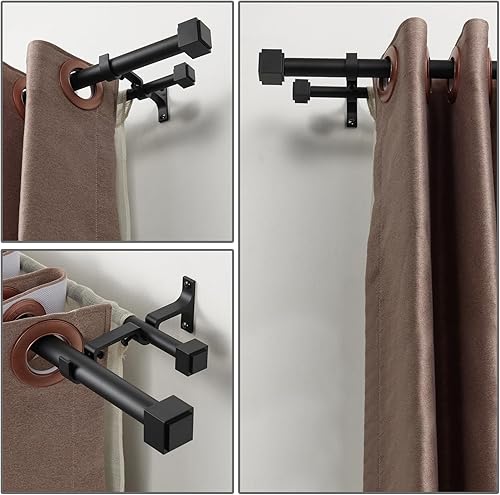 Miniatura 5 de Barras de cortina dobles con remates cuadrados de aleación de aluminio de alta resistencia de 72-144 pulgadas, barra telescópica de 1 pulgada de