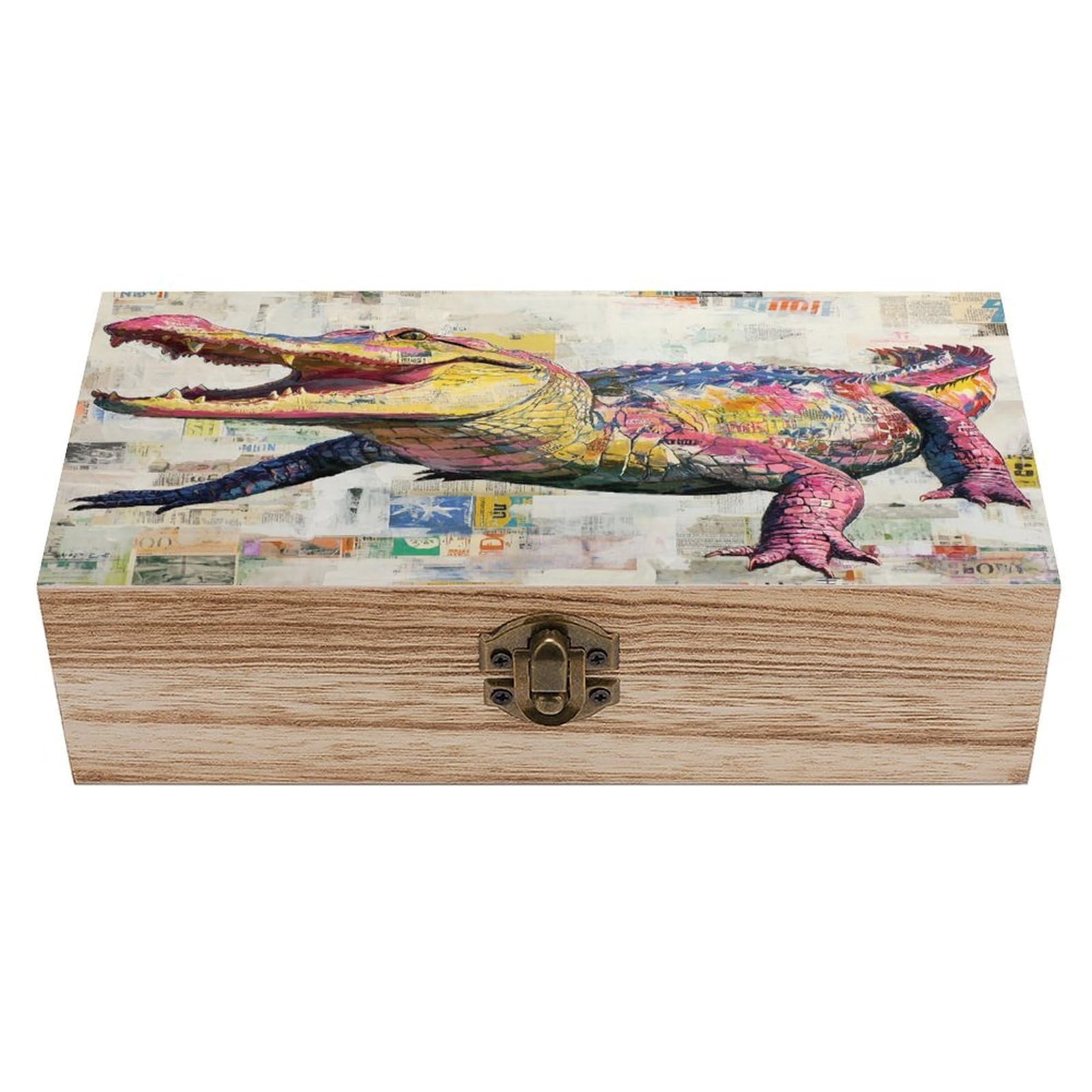 Ahdyr As Pic Crocodile Collage Newspaper Graffiti Wooden Storage Box With Hinged Lid And Front Clasp Large Keepsake Box