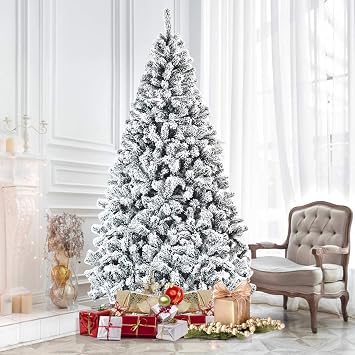 ReunionG 7.5FT Snow Christmas Tree, Artificial Flocked Hinged Pine Tree, Holiday Decoration Tree with Premium PVC Needles and Solid Metal Stand, Full Christmas Tree for Indoor Outdoor 7.5FT
