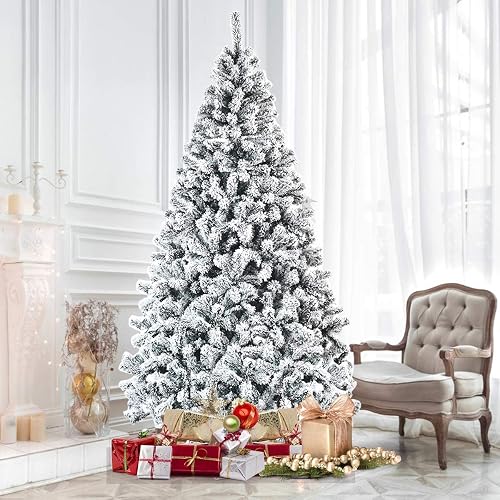 ReunionG 7.5FT Snow Christmas Tree, Artificial Flocked Hinged Pine Tree, Holiday Decoration Tree with Premium PVC Needles and Solid Metal Stand, Full Christmas Tree for Indoor Outdoor (7.5FT)