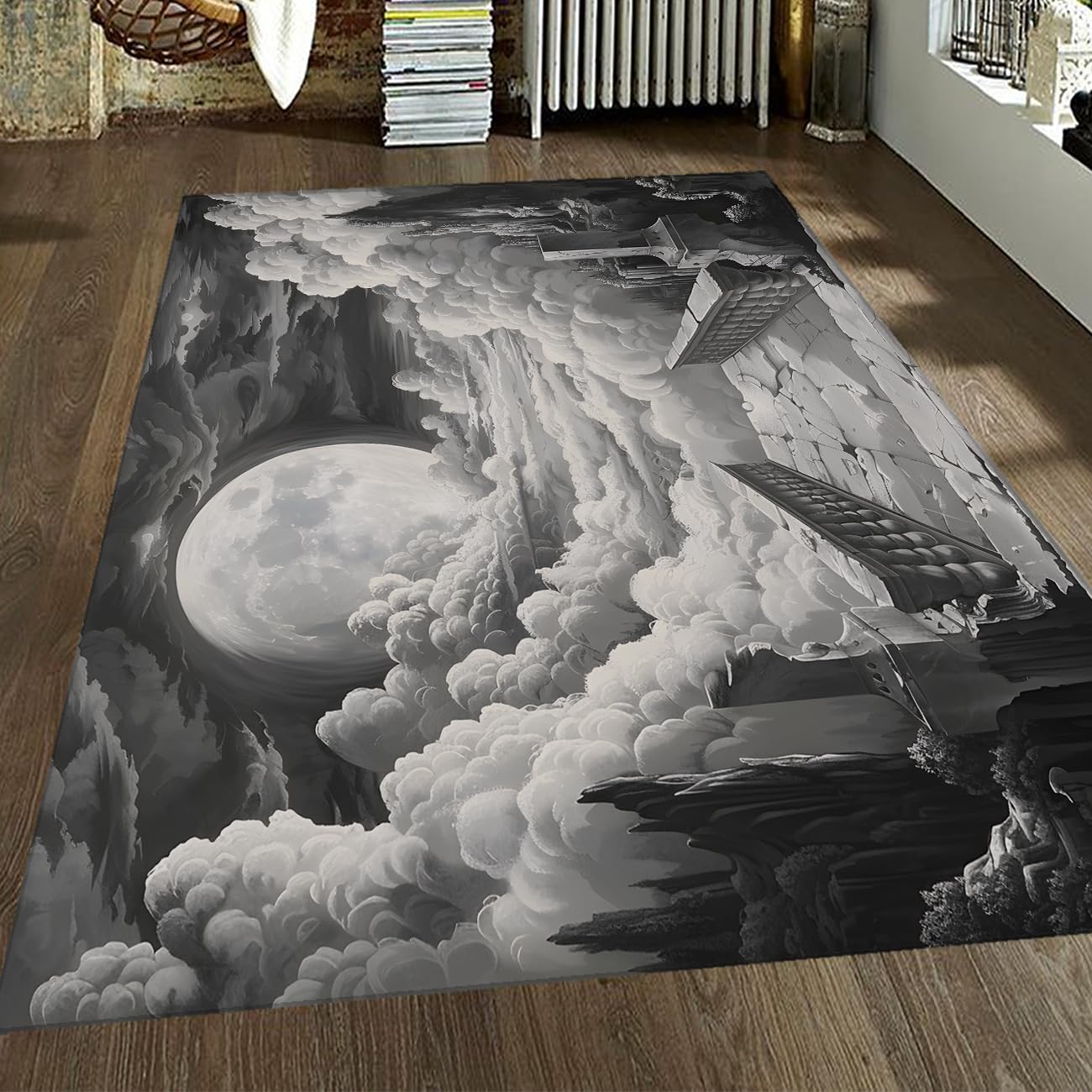 Tapis de chambre 120x150 abstrait gris nuage lavable et antidérapant de salon