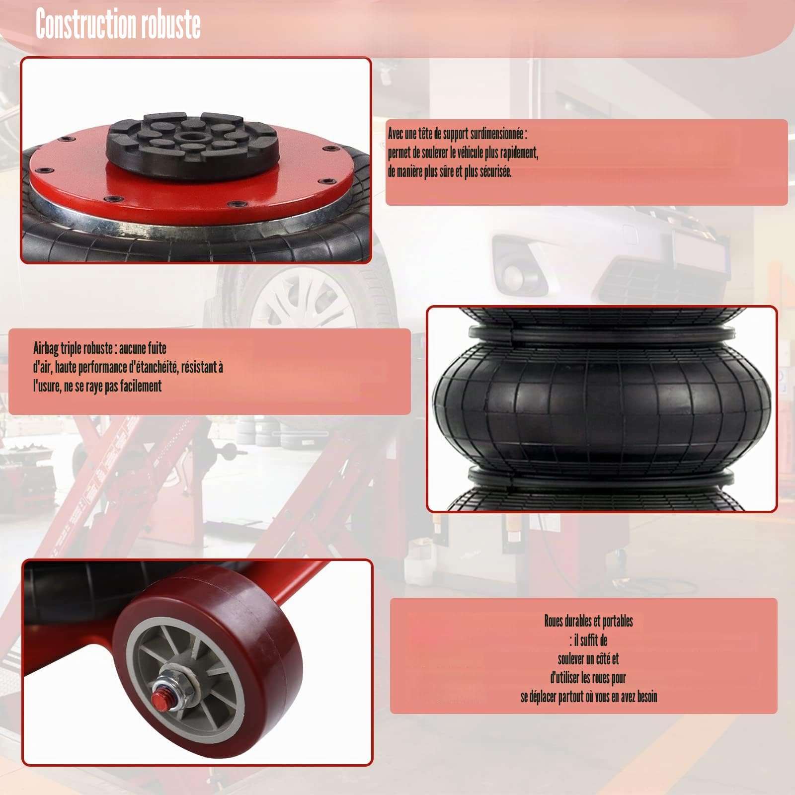 LILIIN Cric pneumatique 3T - Cric pour voiture - Hauteur de levage : 150–400 mm - Cric à air avec poignée, cric pour réparation, en rouge et noir