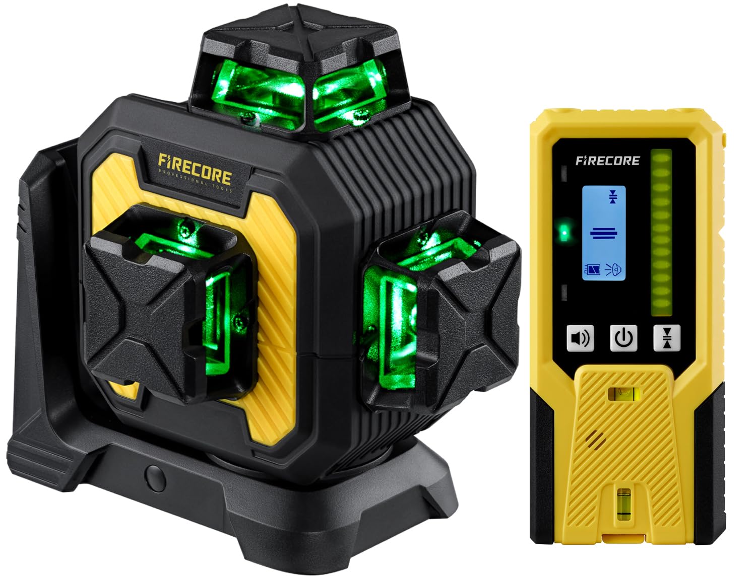 Firecore Nivel Láser Autonivelante de Construcción 360° x 3 con Receptor, Lazer Nivel de 12 Líneas con Batería de Litio Recargable, Autonivelación y Modo de Pulso para Uso en Exteriores