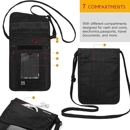 Vista 5 de DUOLUDA Bolsa de viaje para el cuello, cartera oculta para pasaporte, bloqueo RFID, para mujeres y hombres, bolsa organizadora de seguridad