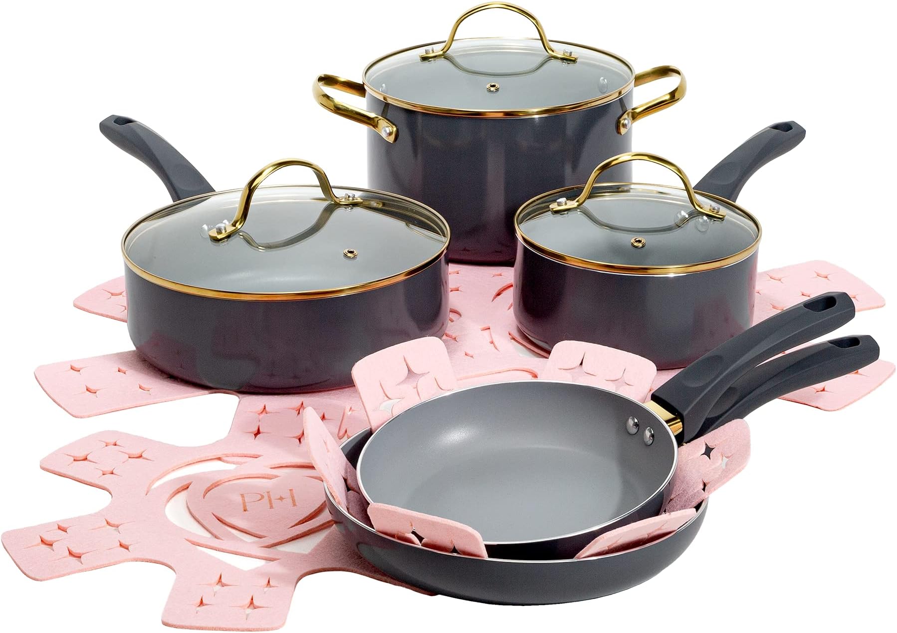 Paris Hilton Cookware Set with Gold Rim Lid, 12-Piece, Charcoal Gray