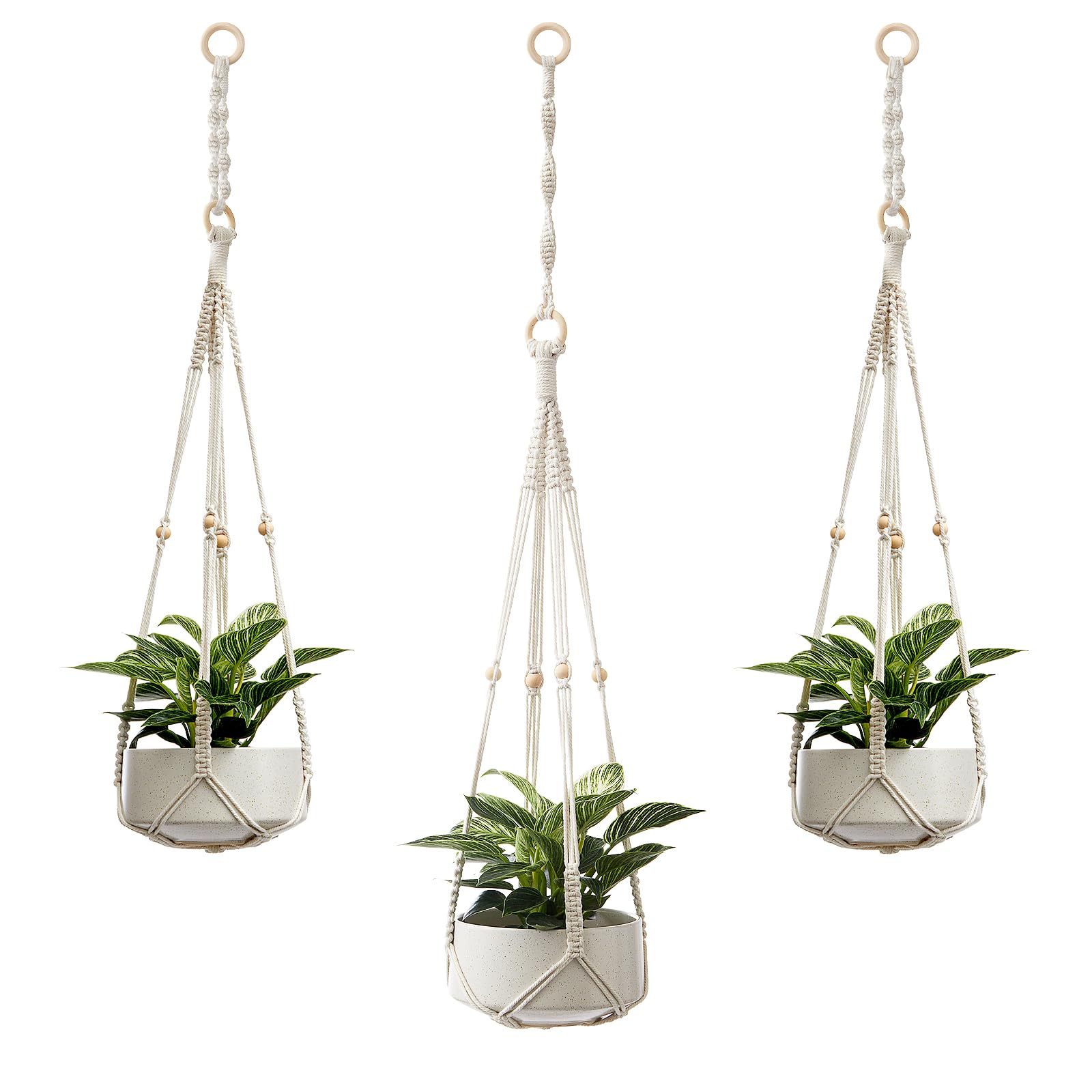 CADNLY Macrame Plant Hangers Indoor – Rope Hanging Plant Holder with Extender - Boho Hanging Planters Indoor - White Macrame Hanger Outdoor Flower Pot Holder from Ceiling Wall 3 Pack 6 Hooks