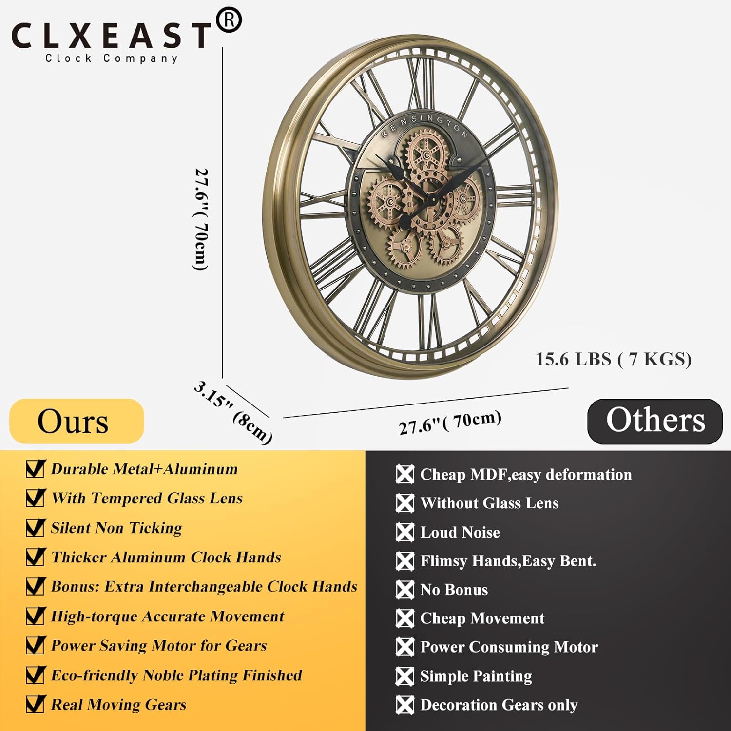 CLXEAST Gold Moving Gear Wall Clock for Modern Living Room Decor,Oversized Large Metal Roman Numeral Wall Clocks for Farmhouse Home Decor,28 Inch