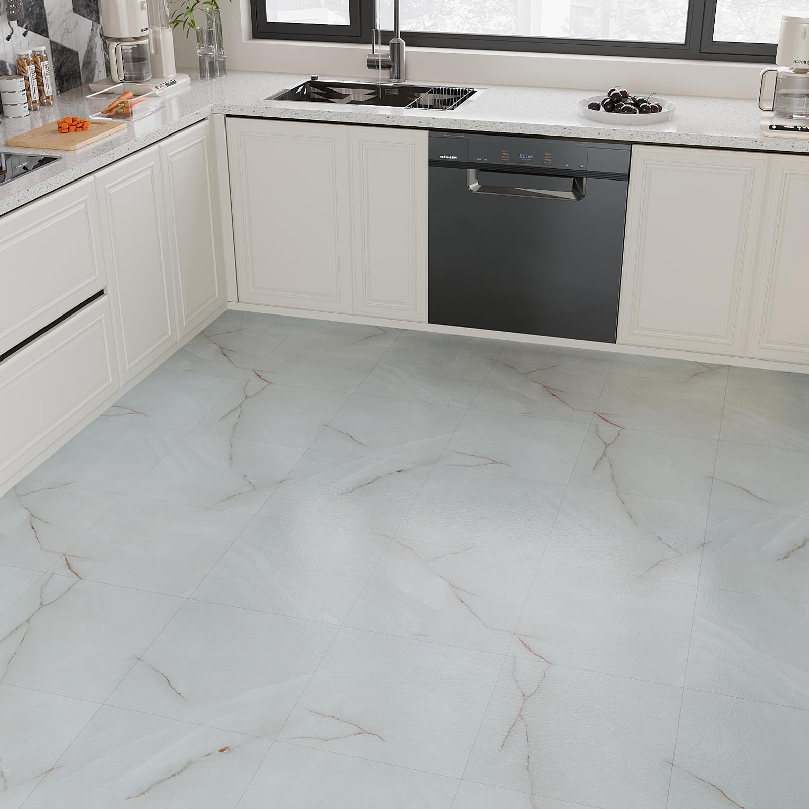 VEELIKE Pavimento PVC Adesivo Effetto Marmo Grigio Nebbioso Piastrelle Adesive Cucina Marmo Bianco Oro Piastrelle Adesive Pavimento Bagno Impermeabile Camera da Letto Soggiorno 30cm x 30cm 12 Pezzi