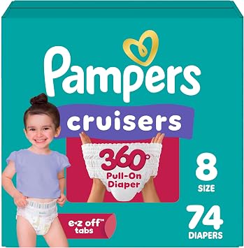 Pampers Diapers - Cruisers 360 - Size 8, 74 Count, up to 100% Leakproof Fit, Designed for Active Babies, Pull On Diaper