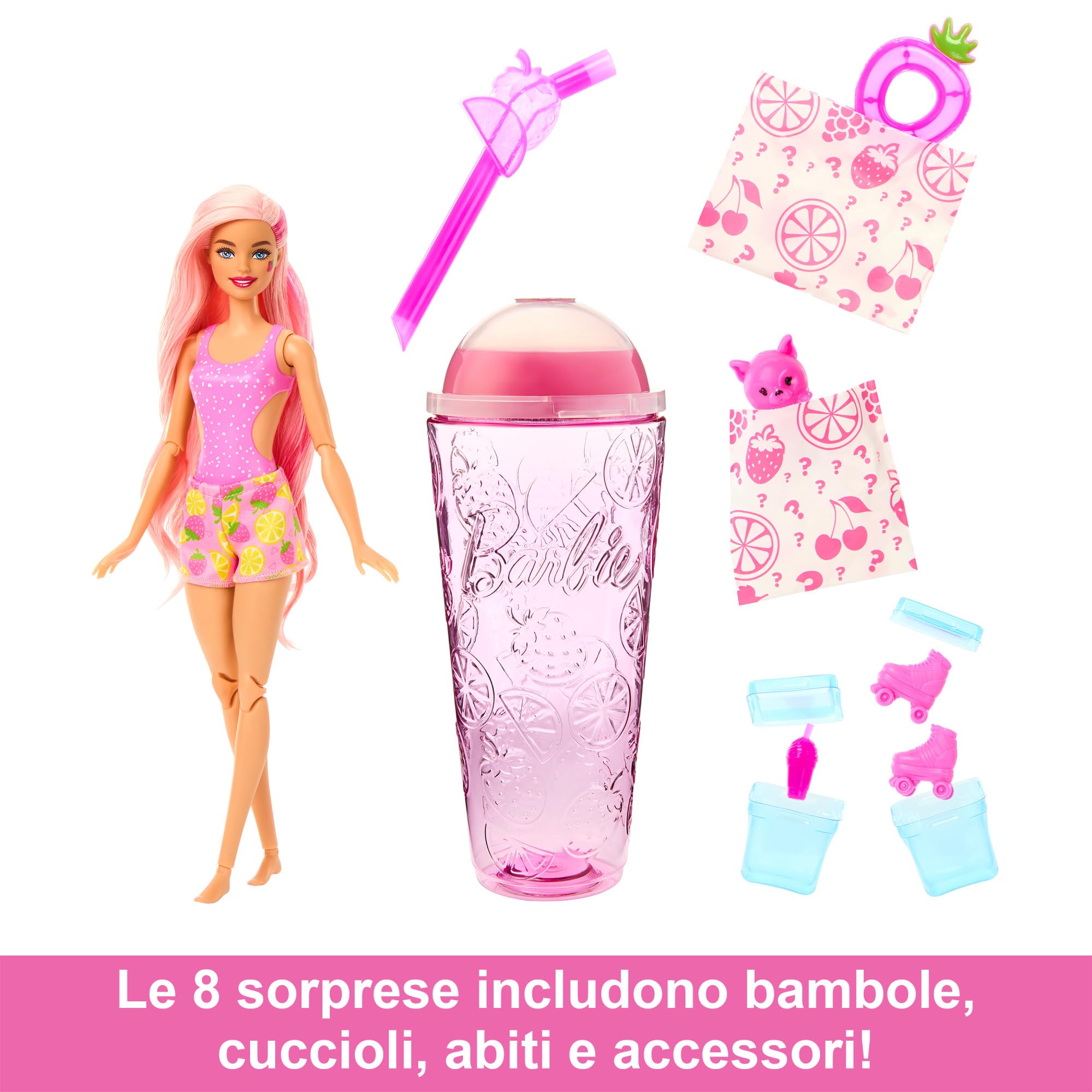 Barbie - Pop Reveal Serie Frutta, Bambola a Tema Limonata di Fragole con 8 sorprese profumate e con Effetto Cambia Colore, Cucciolo e Accessori Slime Inclusi, Giocattolo per Bambini, 3+ Anni, HNW41