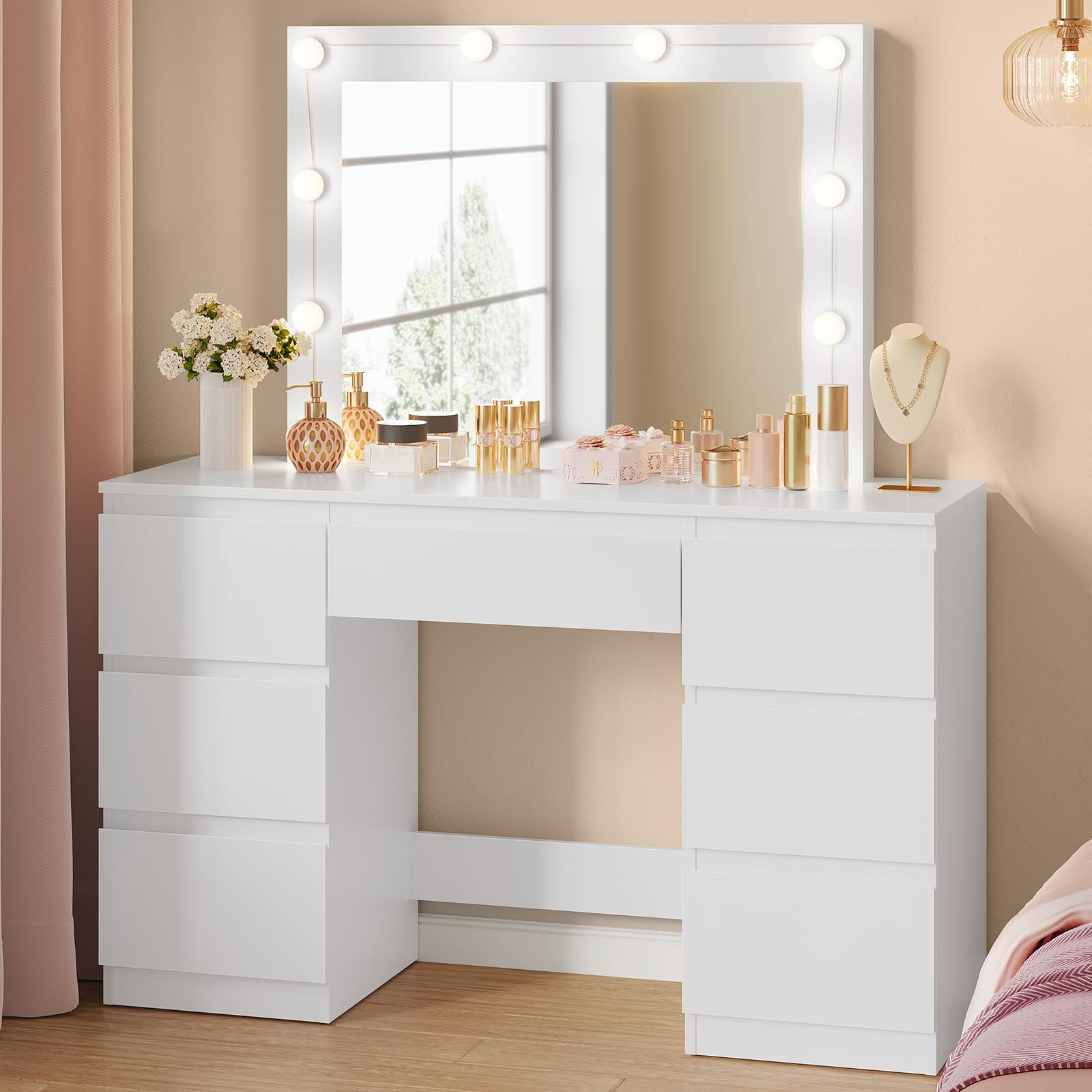 WOLTU Grande toeletta da trucco, Toeletta con Specchio e Luci, Tavolo da trucco con specchio, Postazione Trucco con 7 cassetti per Camera da Letto, bianco, 107 cm