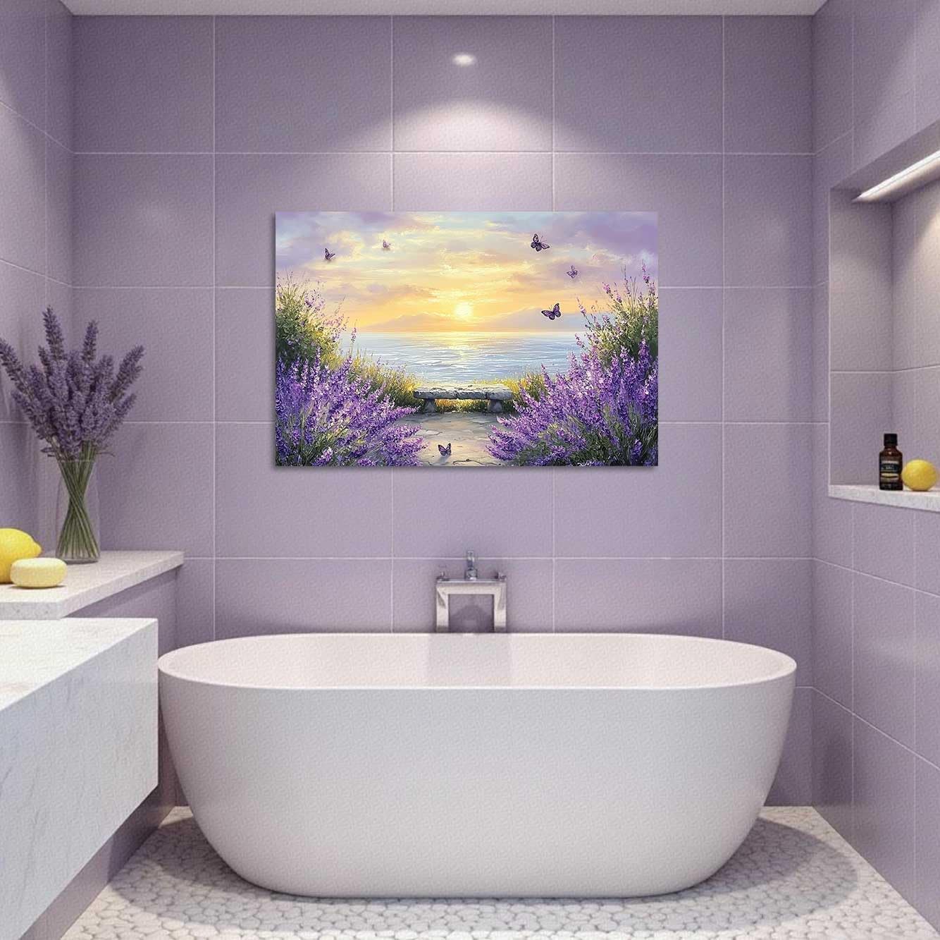 ZSHDEYMTOP Coastal Sunset Lavender Canvas Wall Art Lavender and Butterfly Pictures Print Purple Flower Painting Beach Theme Poster Coastal Artwork for Bathroom Decor (12L x 18W)