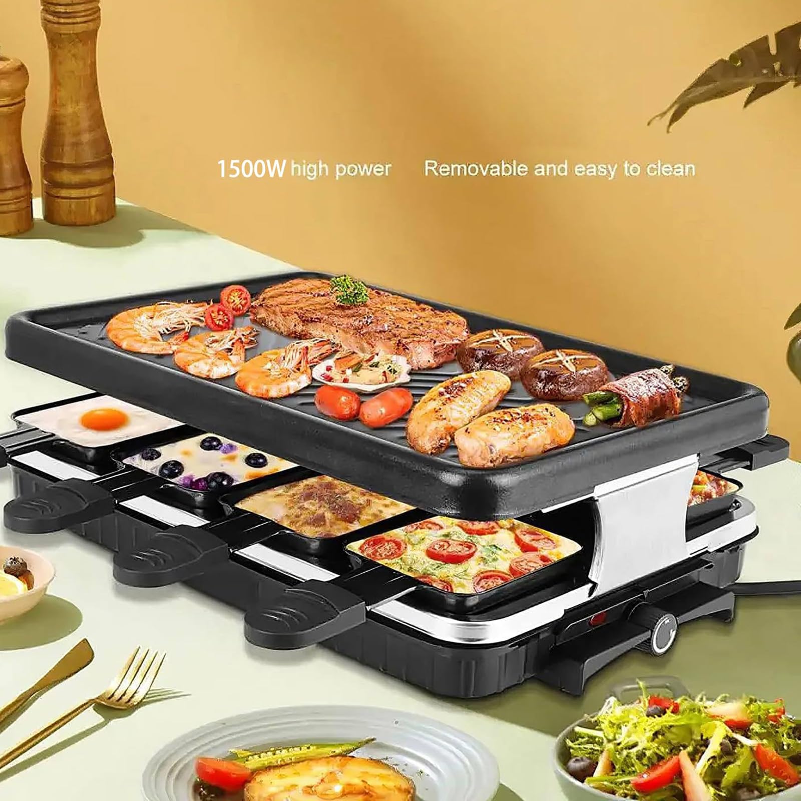 Raclette Elettrica da 1500 W, Griglia Rimovibile, per Campeggio In Casa
