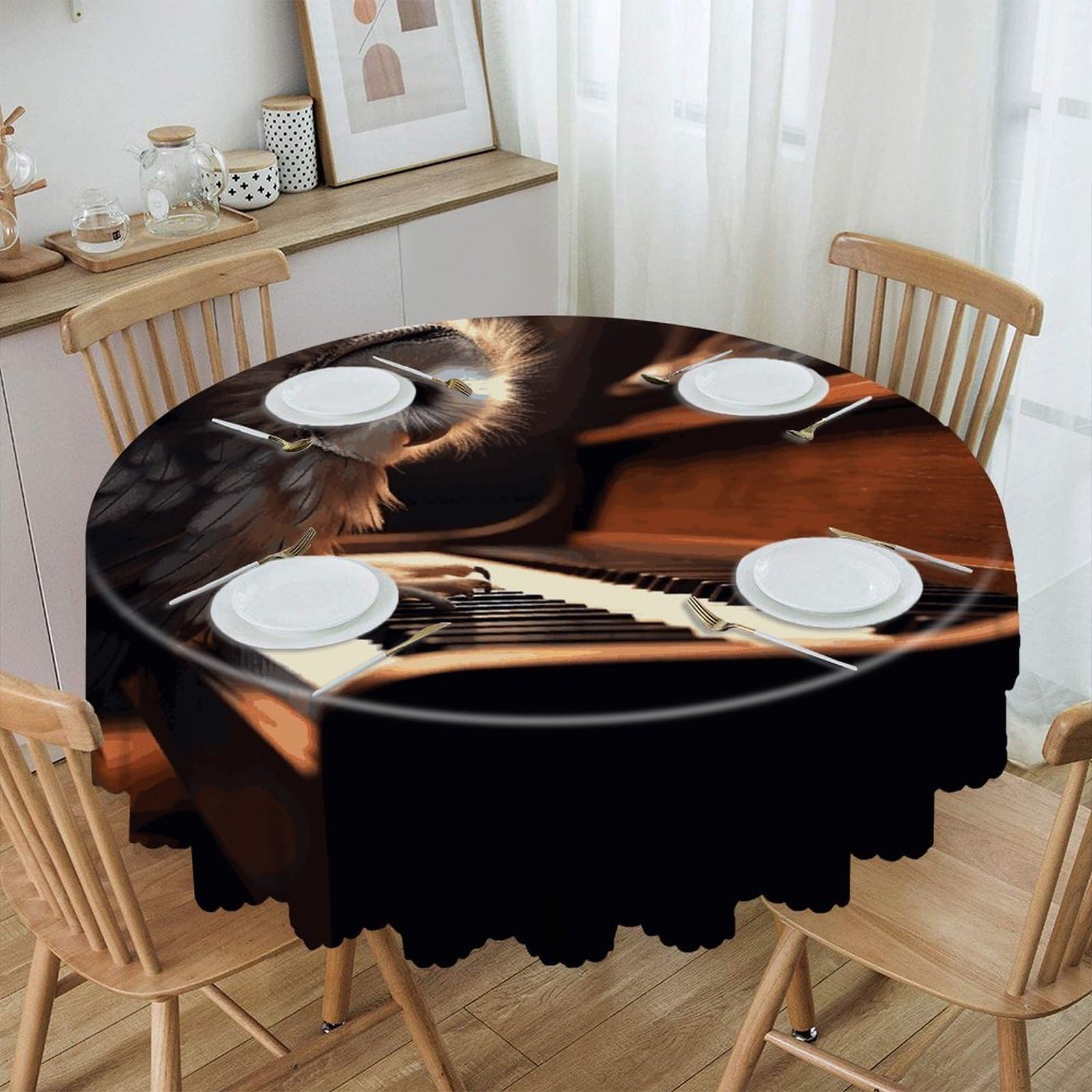 JTREHY Owl Plays Piano Round Tablecloth 60 Inch Water Resistant Spill Proof Washable Polyester Table Cloth Wipeable Washable Table Cover for Buffet Tables Holiday Party Dinner