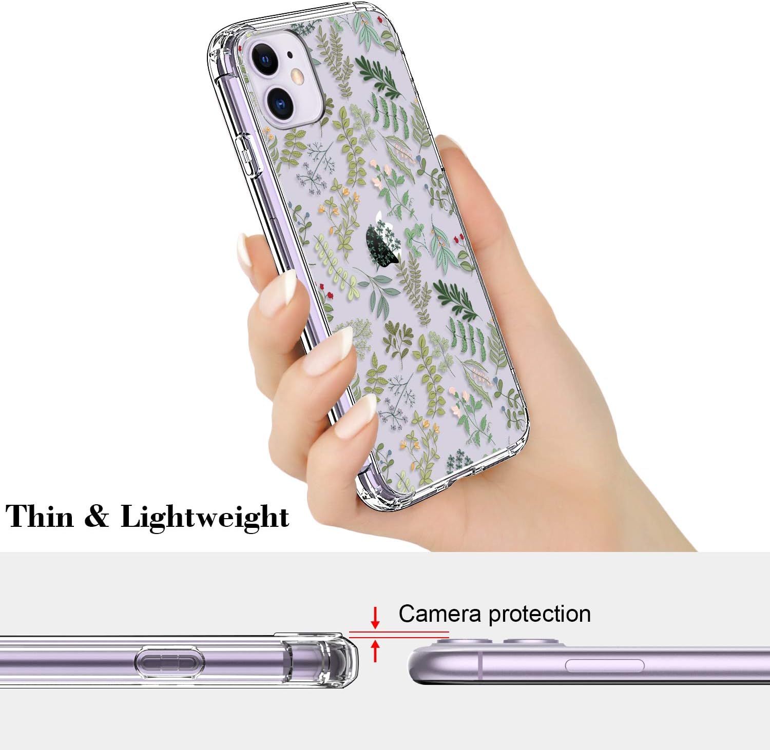 ICEDIO iPhone 11 Case with Screen Protector,Clear TPU Cover with Floral Flower Patterns for Girls Women,Shockproof Slim Protective Phone Case for Apple iPhone 11 6.1 inch Beautiful Green Leaves