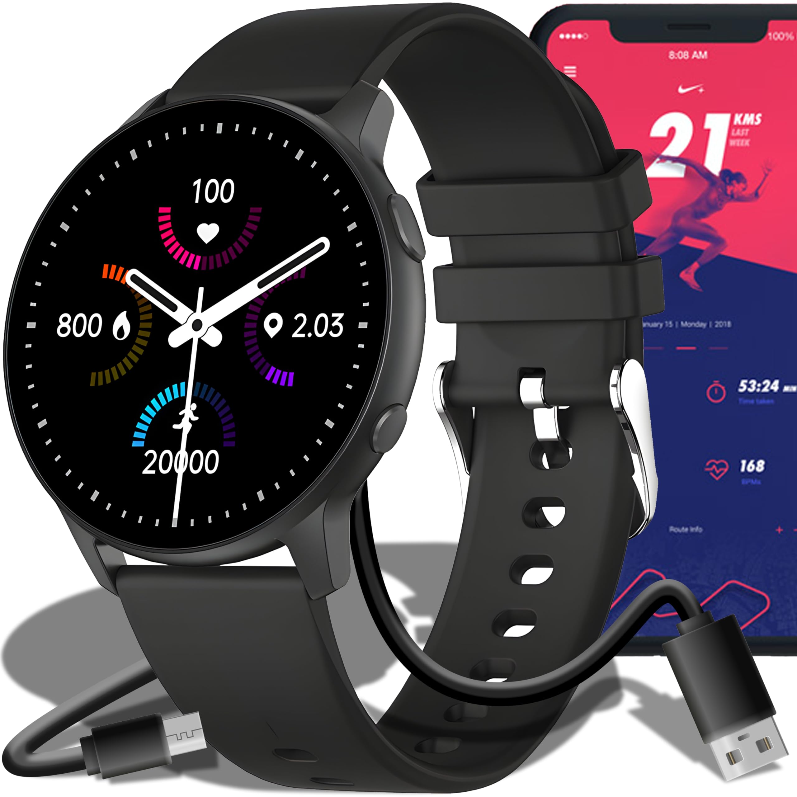 Retoo Montre Connectée Homme Femme 1.3 Pouces Écran Tactile Smart Watch avec Bluetooth 5.0 IP68 Étanche Fitness Montre 140mAh Tracker d'Activité Moniteur de Sommeil Podomètre Sport Montre Noir