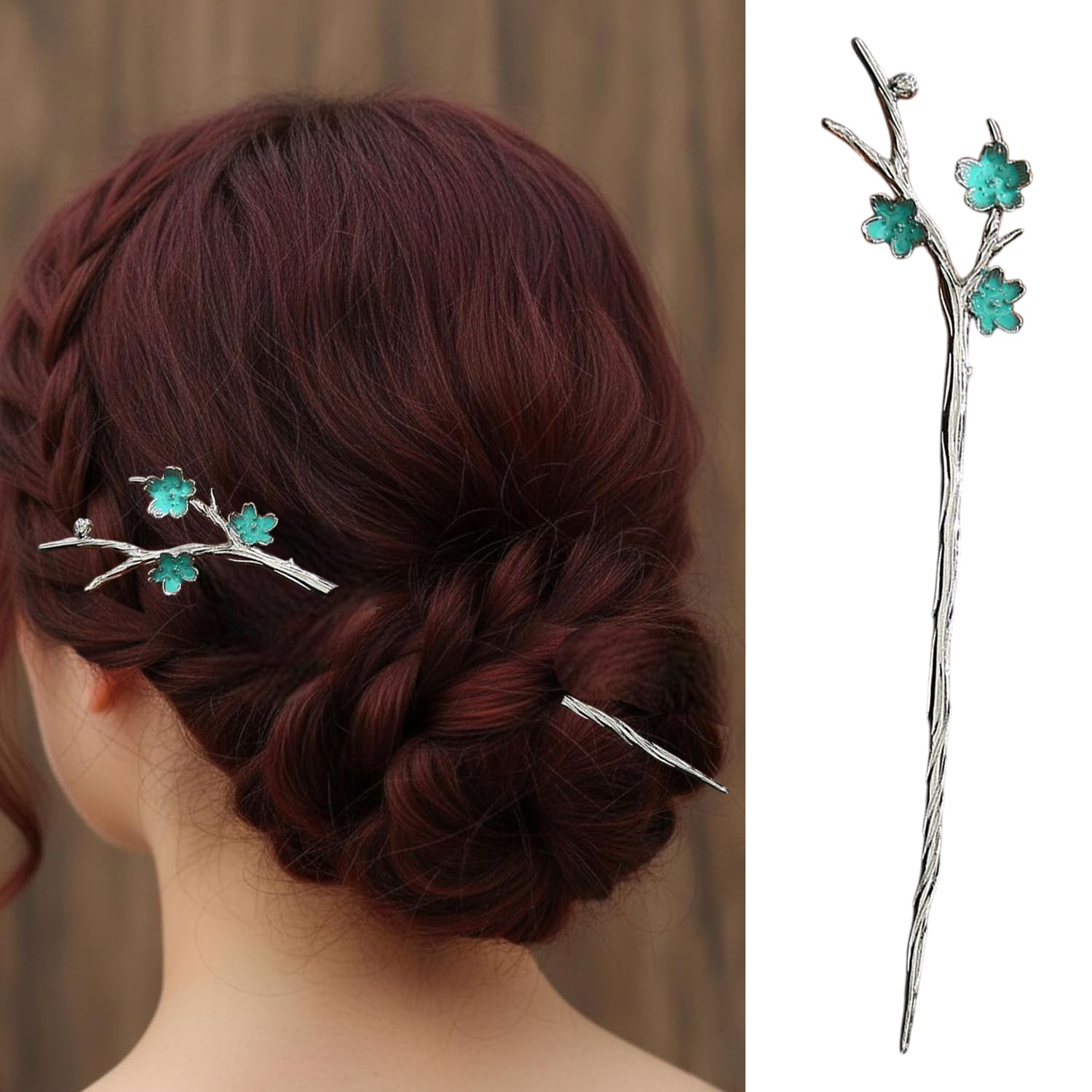 S.A.V.I Blue & Silver Cherry Blossom Hair Stick for Women | 18 cm Vintage Japanese Style Floral Hair Pin | Alloy Metal Bun Accessory for Bridal, Party & Ethnic Hairstyles-image-39