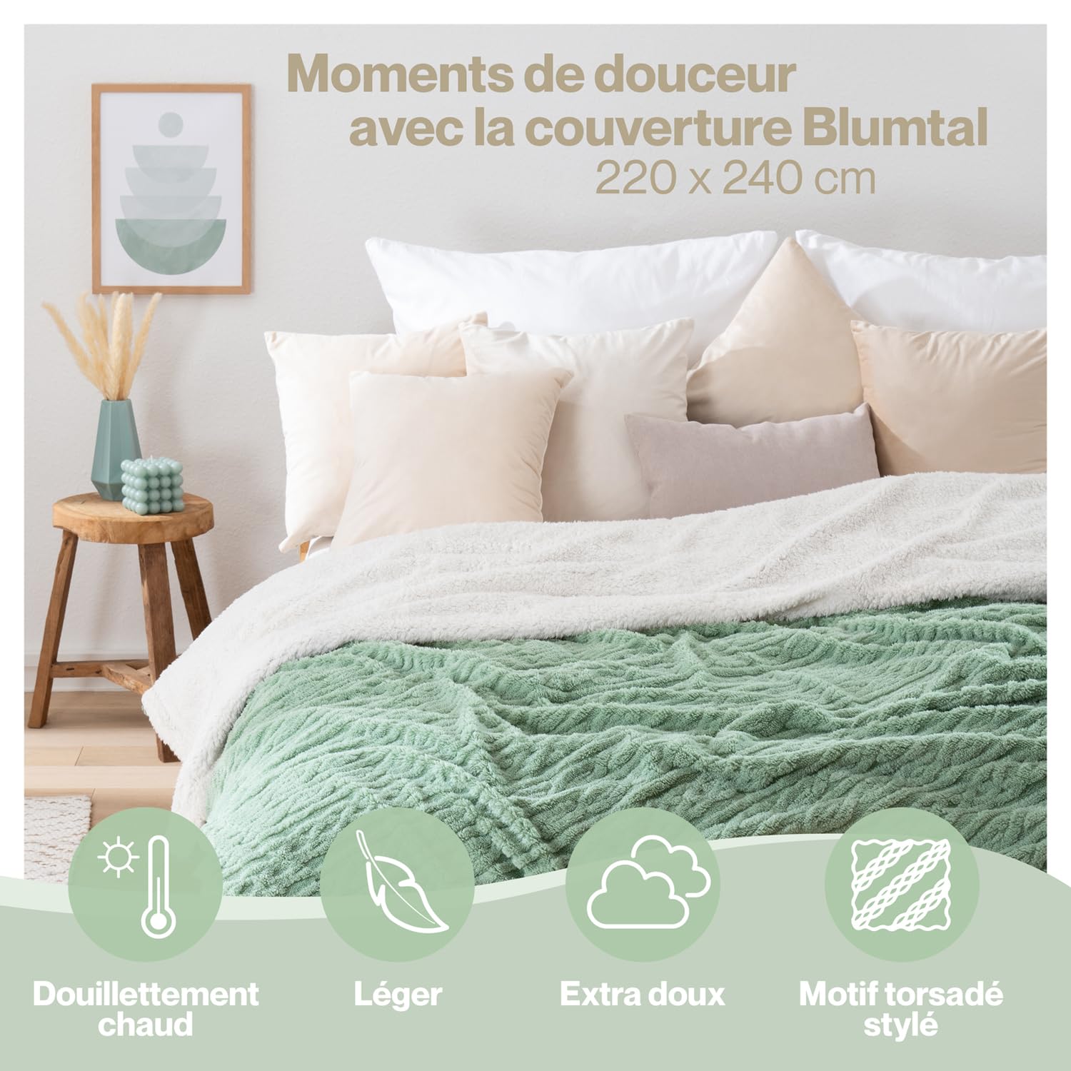 Blumtal Couverture Chaude 220x240 cm avec Motif torsadé - Couverture Polaire certifiée Oeko-TEX + intérieur Sherpa Doux - couvertures et Plaids - Plaid Doux - couvertures, Plaids et boutis Vert-Ivory