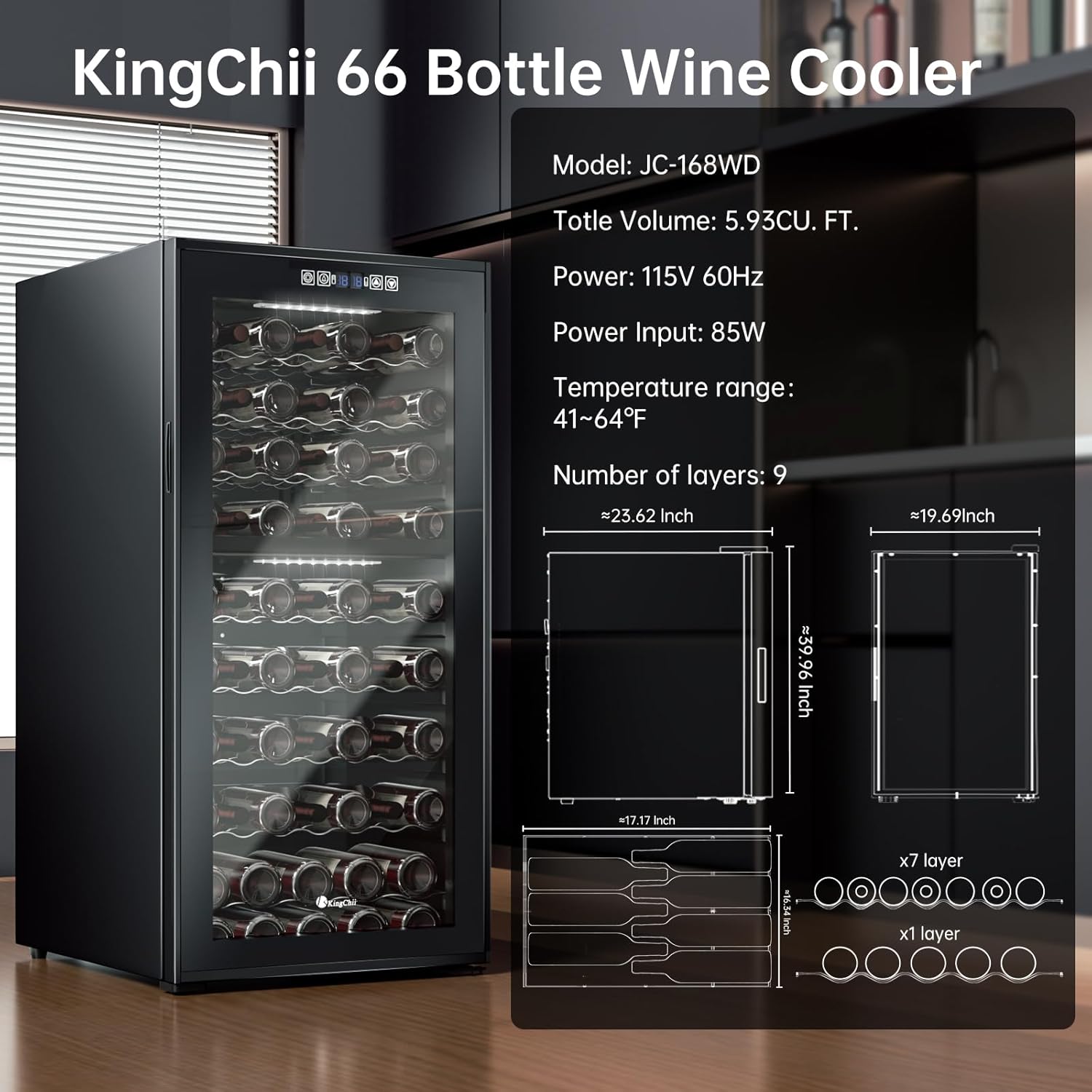 KingChii 66 Bottle Wine Cooler Refrigerator - Dual Zone Wine Fridge with Intelligent Digital Control, Low Noise Operation, Freestanding Wine Refrigerator for Home and Kitchen