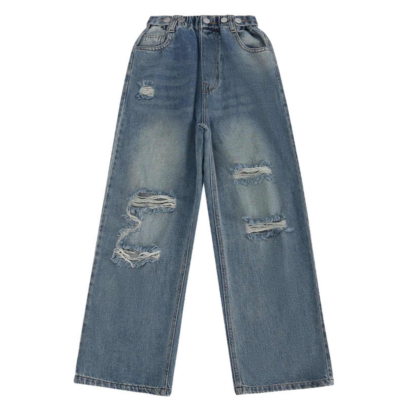 Generisch Stretch Jeans Mädchen,Madchen Elastische Bund Baggy Denim Hosen Mädchen Boyfriend Verstellbarem Bund Jogging Hose Gefütterte Lässige Teenager Girls' Casual Hosen Schlagjeans