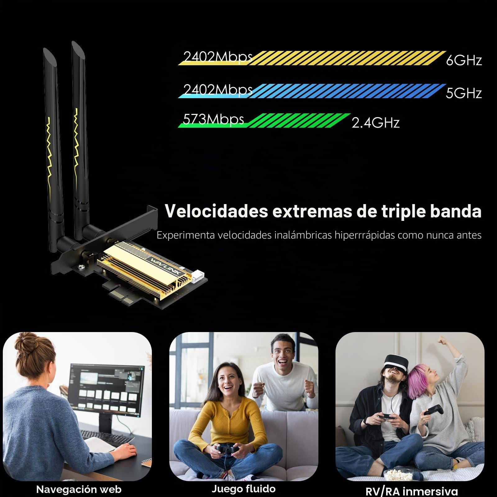 Tarjeta WiFi WAVLINK AX210 5400 Mbps WiFi 6E Tri-Banda MU-MIMO Bluetooth 5.3 OFDMA WPA3 Disipador Térmico