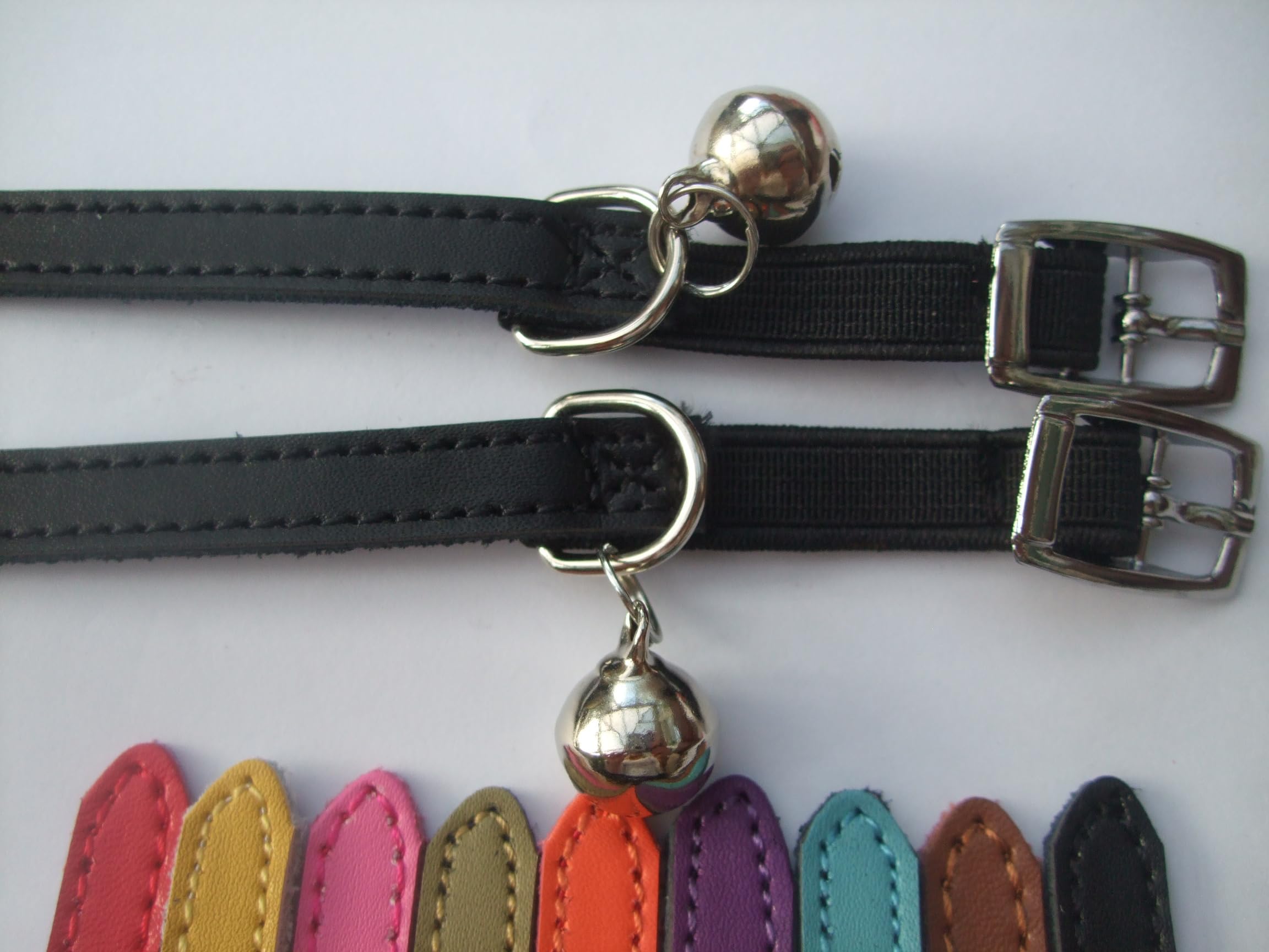 Cat Collar 2 pack set Real Leather Elasicated Safety Elastic bell, Pair Choose colours (Black and Black) - Image 2