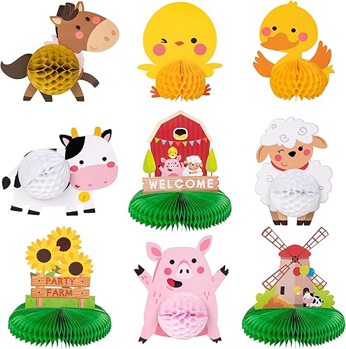 DECORLIFE 9 centros de mesa de panal de animales de granja, bonitas decoraciones de mesa 3D con temática de granja para fiesta de granero,