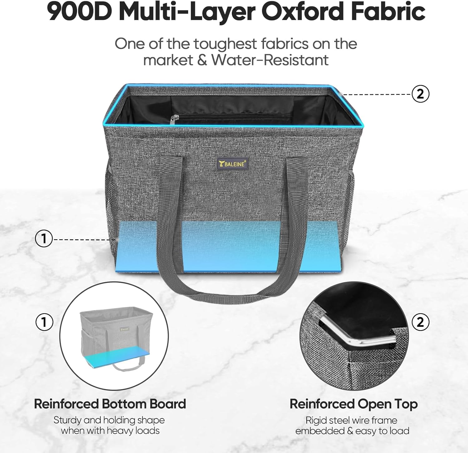 BALEINE Extra Large Utility Tote Bag with Wire Frame for Storage (Grey, 16.5''x14''x10'') - Image 3