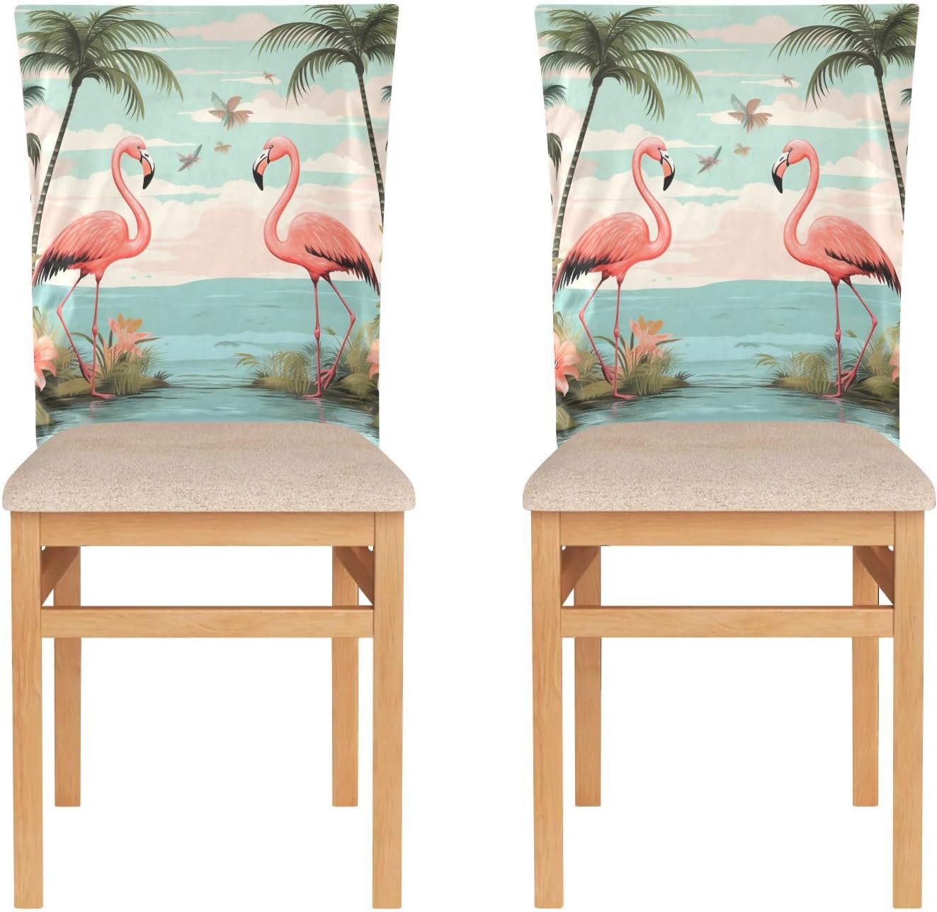 ALAZA Tropical Palm Trees Flamingo Birds Chair Back Cover Set of 6, Washable Reusable Removable Chair Slipcovers Decorative Chair Cover for Home Kitchen Wedding Party