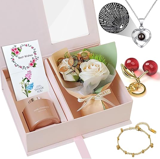 Flower Gift Baskets for Women, with Heart Necklace, Link Bracelet, Cherry Pendant, Reed Diffuser Set Birthday Gifts for Her Mom Wife Girlfriend on Valentines Mothers Day Christmas Anniversary