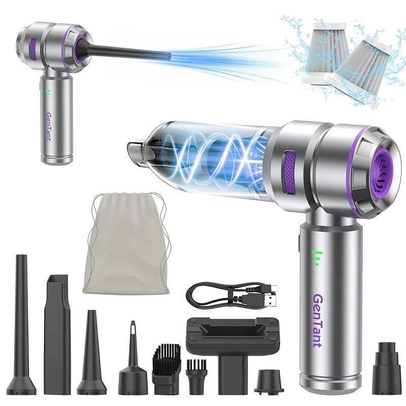 Aspirador Automotivo Portátil sem Fio GenTant 3 em 1 com Soprador, Motor Brushless, 18 kPa, Carregamento Type-C, Prata Brilhante/Roxo