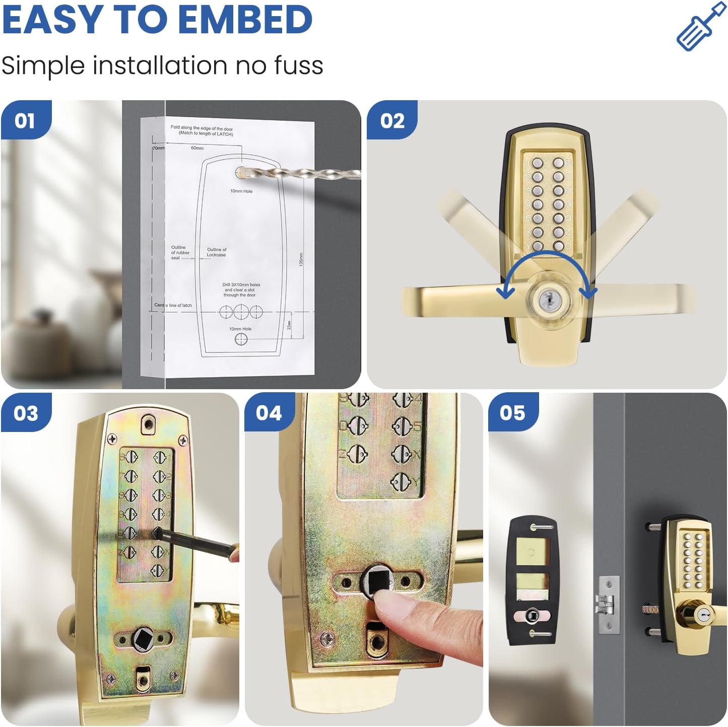 Keyless Entry Door Lock with Handle - Mechanical Door Lock 100% Without Batteries - Easy to Install & Use - Keypad Lock on Zinc-Alloy, Water and Sun Proof for Indoor or Outdoor